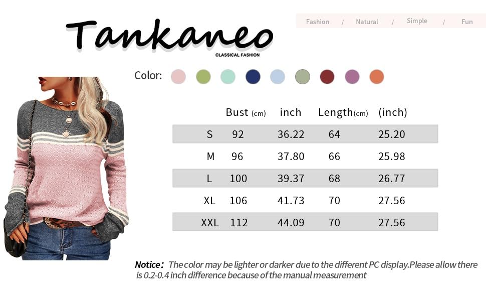 Tankaneo Women's Knitted Sweater Long Sleeve Round Neck Striped Slim Fit Knitwear