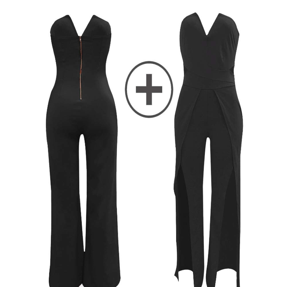 Womens Off Shoulder Sleeveless Jumpsuit - Elegant Cocktail Wide Split Leg Strapless One Piece Rompers Playsuit Black