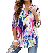 ZXZY V Neck Color Block Tie Dye Shirt Tunic Casual Roll Up Sleeve Blouses for Women