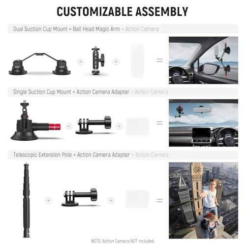NEEWER Triple Suction Cup Car Mount Compatible with Insta360 X5 X4 GoPro DJI OSMO 360 Cameras, Quick Release Outside Windshield Magic Arm Mount Kit with 2 in 1 Extension Pole/Selfie Stick, CA065
