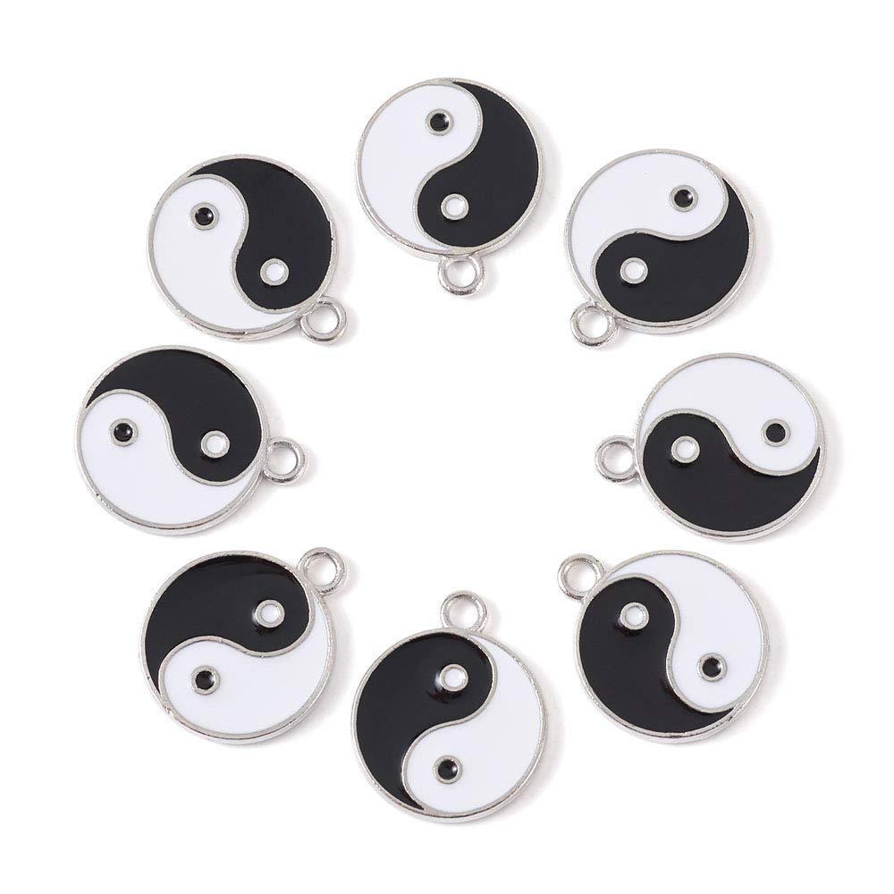 Craftdady 20pcs Black/White Tai Chi Yin Yang Enamel Charm Pendants Eight Trigram Gossip Chinese Elements Flat Round Dangle Charms Double Sides for Bracelets Necklaces Jewelry Making