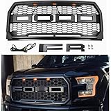 Seven Sparta Front Grill for Ford F150 2015 2016 2017, Including XL, XLT, LARIAT, King Ranch, Platinum and Limited, Amber LED Lights included, Raptor Style Grill Gray