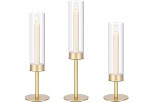 XYLANOR Gold Hurricane Candle Holders, Taper Glass Cover Candlestick, Tall Brass Candle Stick Decor for Table, Centerpiece, Wedding, Dinning, Party on Indoor and Outdoor, Set of 3