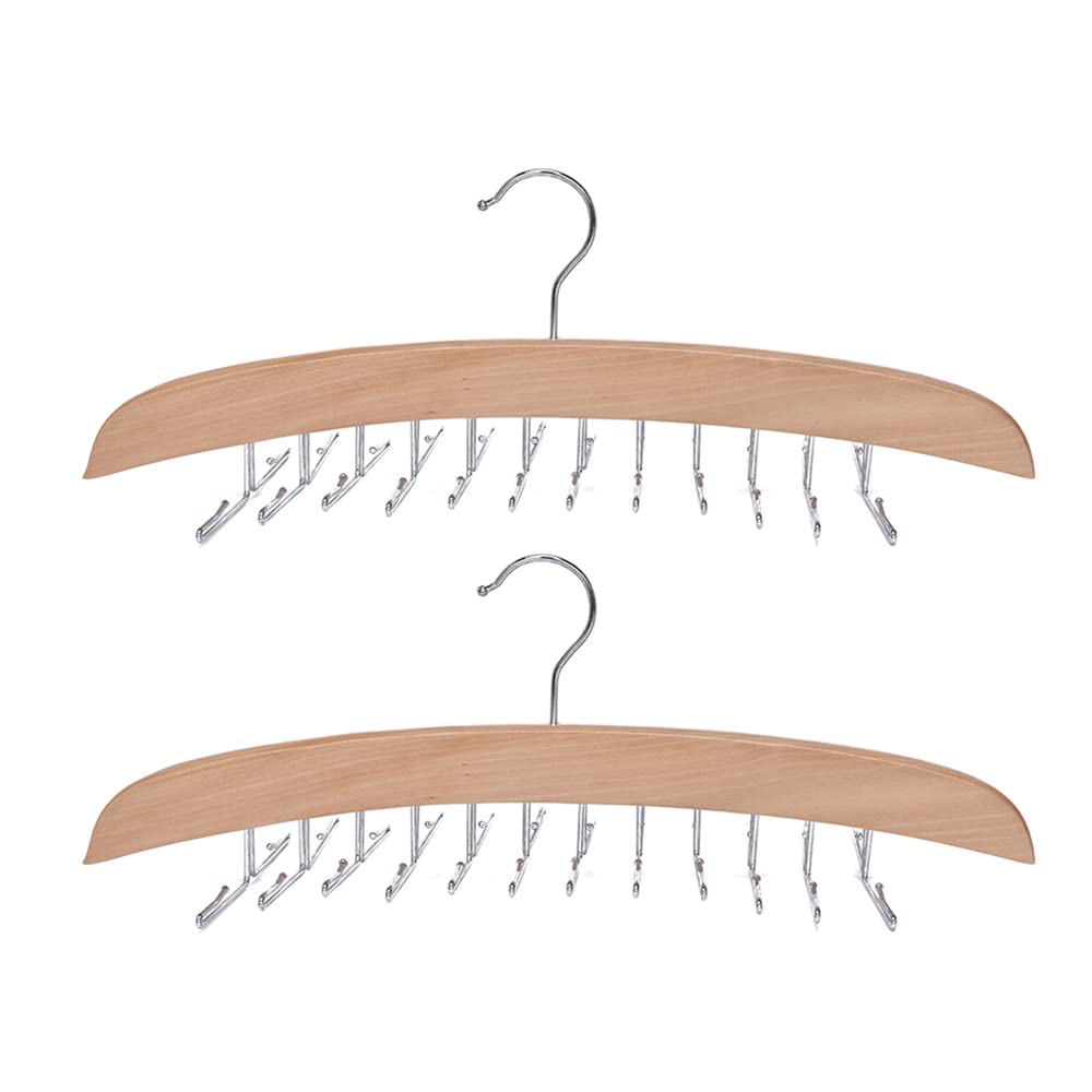 Multifunction Wood Tie Hangers with 24 Metal Smooth Hooks for Men Women Closet Organizer Medifier 360° Rotating Wooden Ties Scarf Holder Rack 2 Pack
