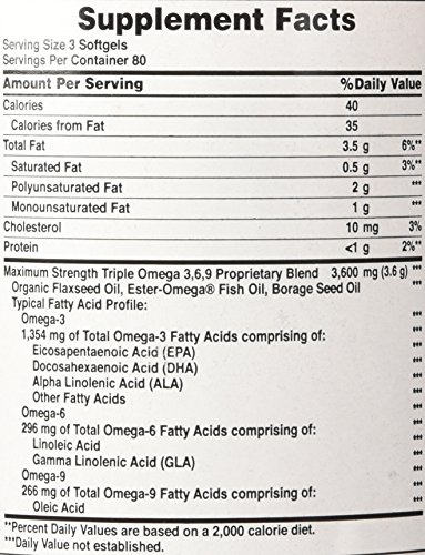 Puritan's Pride Triple Omega 3-6-9 Fish, Flax, and Borage Oils, Omega Fatty Acid Supplement, Purified to Eliminate Mercury, Supports Heart Health, 240 Rapid Release Softgels - Thumbnail 2
