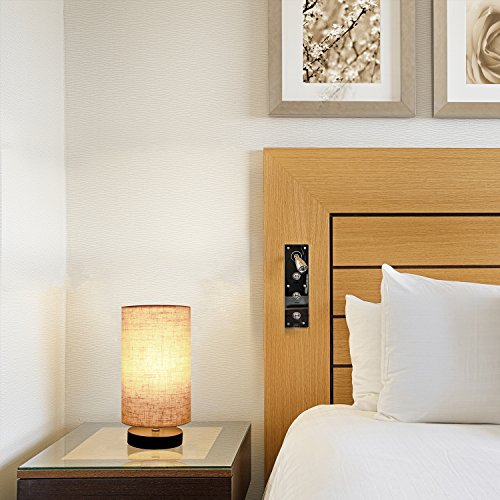 Minerva Wood Table Lamp - Solid Fabric Shade Bedside Desk Lamps for Bedroom, Living Room, Study (Cylinder)