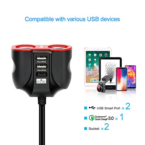 QC3.0 Car Charger with Extension Cable, Multi Car Charger Cigarette Lighter, 3 USB (QC3.0x1+Smart Socketx2)+2 Socket Car Splitter+90mm Cable for GPS/iPhone/Samsung Cell Phone
