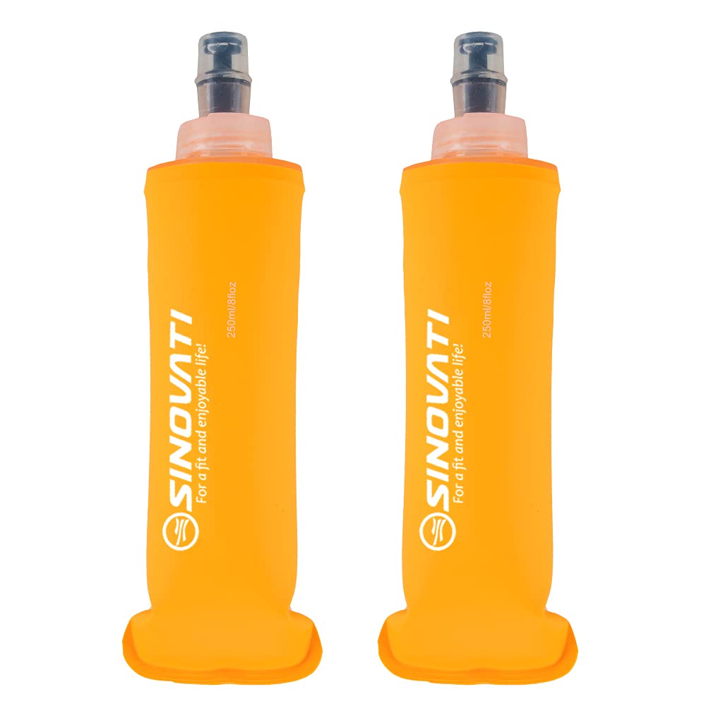 SINOVATI TPU Foldable Water Bottles, Soft Flask, Water Bottle, BPA-Free Sports Bottle for Hydration Backpack, Bicycle, Hiking, Jogging, Trekking, Camping and Climbing (Orange, 250ml x 2)
