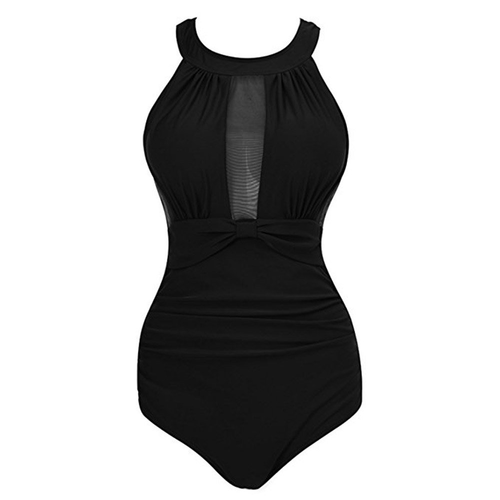 Askwind Women's Mesh High Neck One Piece Swimsuit Ruched Tummy Control Swimwear