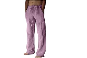 Dgoopd Men's Cotton Linen Pants Casual Elastic Waist Drawstring Pants Straight Leg Yoga Pants Lightweight Summer Beach Pants