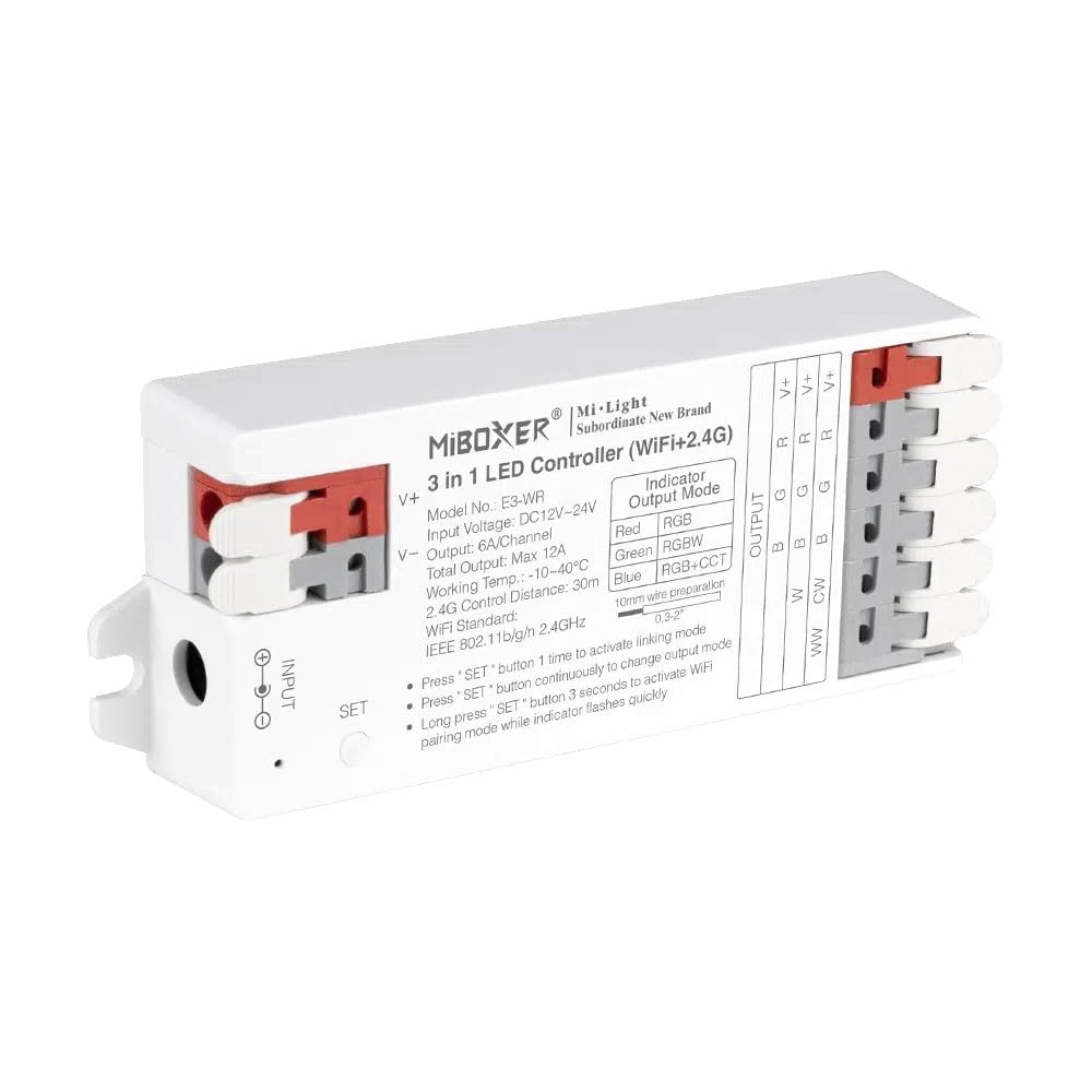 LGIDTECH E3-WR Miboxer 3 in 1 LED Strip Light Controller Tool-Free Wiring,Used for RGB & & RGBW & RGB+CCT LED Strip Light DC 12-24V,Smartphone APP & Voice Control Directly