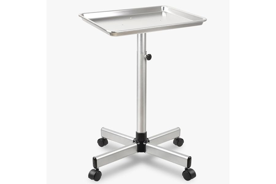 Salon Tray, Silver Salon Tray, Tattoo Tray on Wheels, Metal Salon Rolling Tray, Salon Services Tray Height-Adjustable, (Silver)