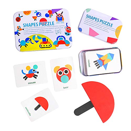 JCREN Wooden Pattern Blocks Animals Jigsaw Shape Puzzle Travel Sorting and Stacking Games Montessori Educational Toys for Toddlers Kids 2+ Years Old (36 Shape Pieces and 60 Design Cards in Iron Box