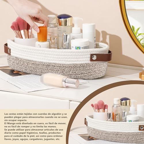 Cestas de almacenamiento para Encimera de baño, cesta de inodoro de cuerda de algodón para decoración de baño, cesta de papel higiénico, con mango de cuero,13 X 5.9 X 4 Pulgadas (2 caqui)