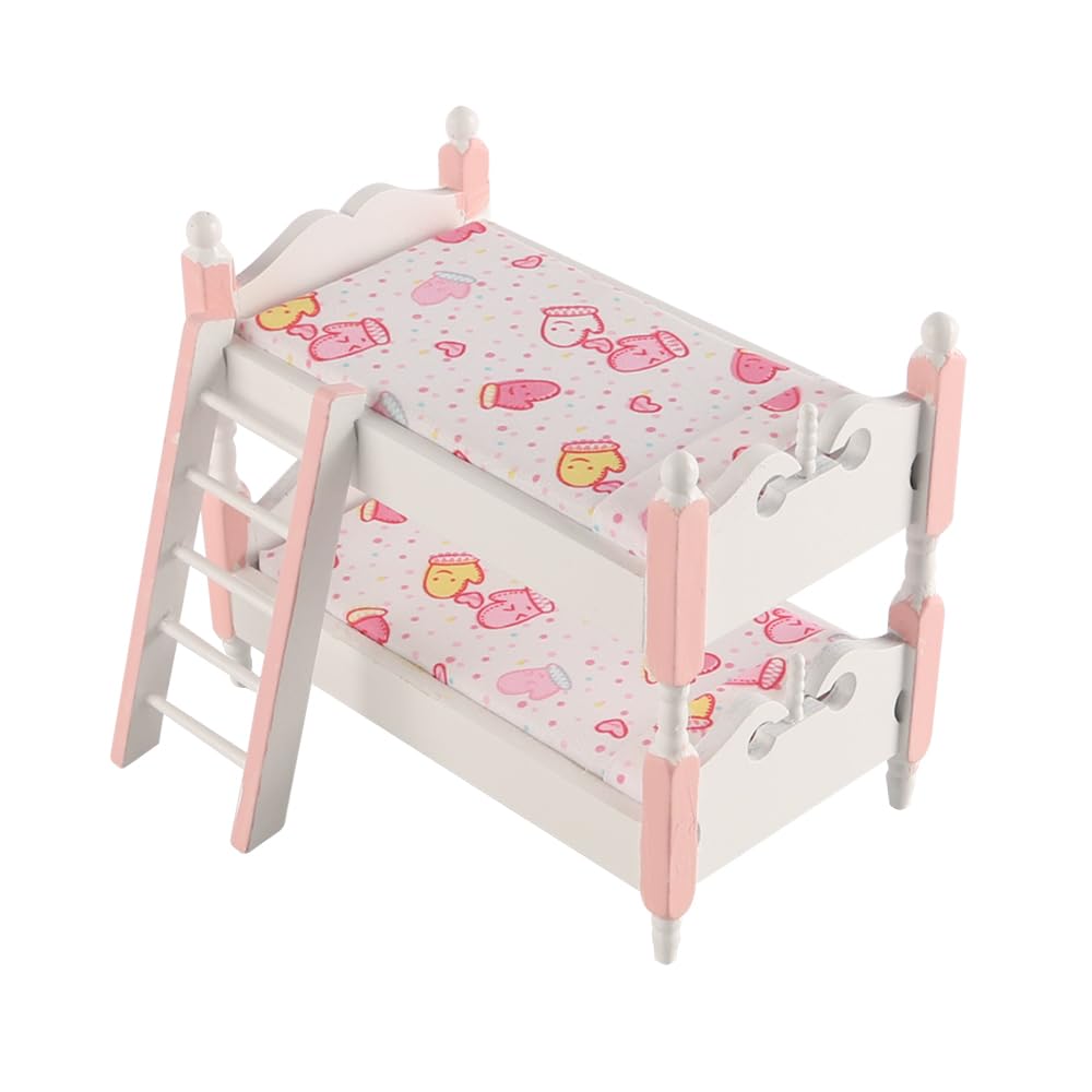 FONGKNOX Doll Bunk Bed 1/12 Scale Wooden Dollhouse Miniature Furniture Model Mini Bunk with Ladder Dollhouse Bedroom Accessories Pink