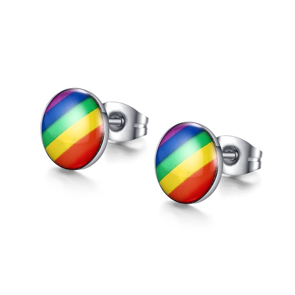 VNOX 8mm Gay Lesbian Stainless Steel Round Ball Rainbow Pride Stud Earring for Engagement,Wedding,Valentine's Day Gift