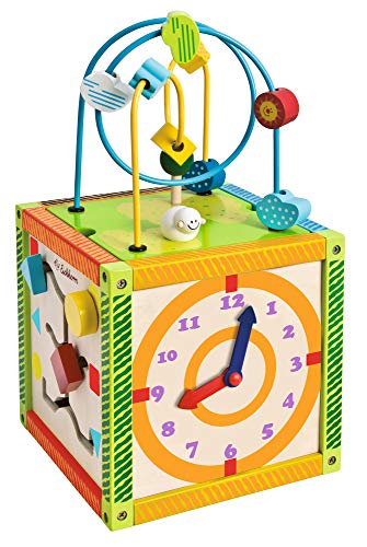 Eichhorn 100002235 buntes Spielcenter, Motorikwürfel mit Motorikschleife, Uhr, Motorikspiel, Drehspiel und 5 Steckbausteine, für Kinder ab 1 Jahr, Größe: 20x20x36 cm – Bild 6