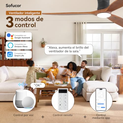 Sofucor Smart Ventilador de Techo con Luz, 132cm Madera Maciza Ventilador de Techo con Alexa/APP/WiFi, Mando a Distancia, DC, 3 Temperaturas de Color, Temporizador, 6 Velocidades para Salón