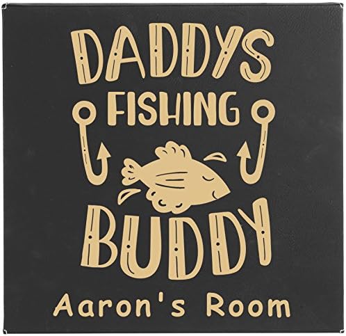 Personalized "Daddys Fishing Buddy" Leatherette Wall Hanging - 10"x10" - modern leather bedroom or nursery wall decor (Black w/ gold design)