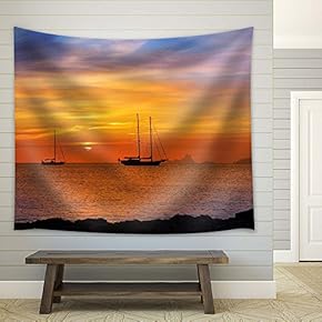 Fishing Boat Returning at Sunset Time - Fabric Tapestry, Home Decor - 51x60 inches