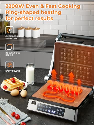 FOHERE Multifunctional 4 in 1 Contact Grill, Waffle Maker and Sandwich Maker with 4 Removable Non-Stick Plates, Individual Time and Temperature, LED Display, 2000W