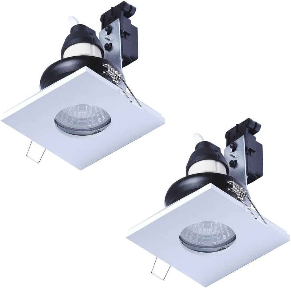 2 Pack of IP65 Rated GU10 Modern Fixed Position Square Bathroom Ceiling Shower Downlights Spotlights White Litecraft