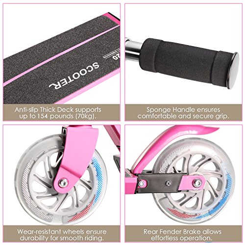 Foldable Kick Scooter for Kids Smooth & Safety - 2 LED Light Up Wheels - Minimizes Noise + Vibration - Height Adjustable Perfect Gift for Child (Pink)