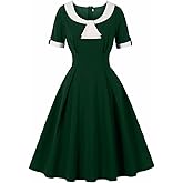 Wellwits Women's Bow Neck Color Block Work Cocktail Vintage Dress