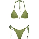 VOLAFA Women's Triangle Bikini Set Multiway Fishnet Tie Side Halter String Solid Cheeky Two Piece Swimsuit Bathing Suit
