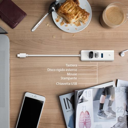 Adattatore USB Ethernet UE330C USB 3.0 Type C con 3 Porte, Gigabit Ethernet, Plug & Play, Compatto e leggero, Windows 11/10/8.1/8/7, MacOS, iPadOS, Chrome OS, Linux OS, Nintendo OS