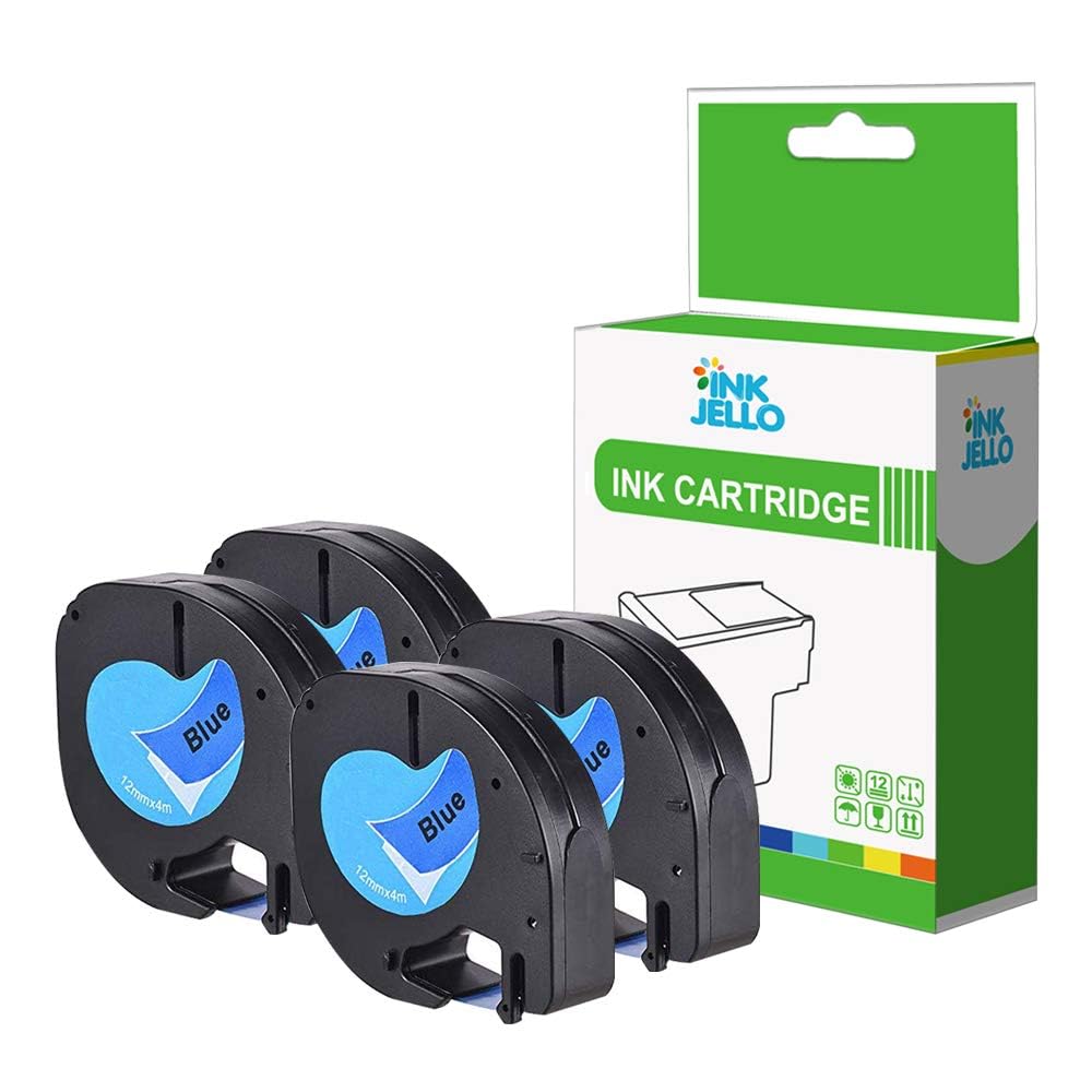 InkJello Compatible Label Tape Replacement For Dymo LetraTag LT-100H LT-100T LetraTAG QX50 XR 91205 (12mm x 4m) Black on blue (4-Pack)