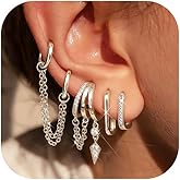 GEMQUEEN 14K Gold Plated Hoop Earrings Hypoallergenic : Small Dangle Earrings for Women Dainty CZ Huggie Hoops Connector Chain Cartilage Earring Stacks Mix and Match Earring Pack Jewelry 5 PCS