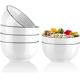 YOLIFE 26 Ounce Cereal Bowls, Ceramic Soup Bowls Set of 6, 6 inch White Salad Bowl for Breakfast, Oatmeal, Rice, Pasta, Dishwasher Microwave Oven Safe(Black Trim)