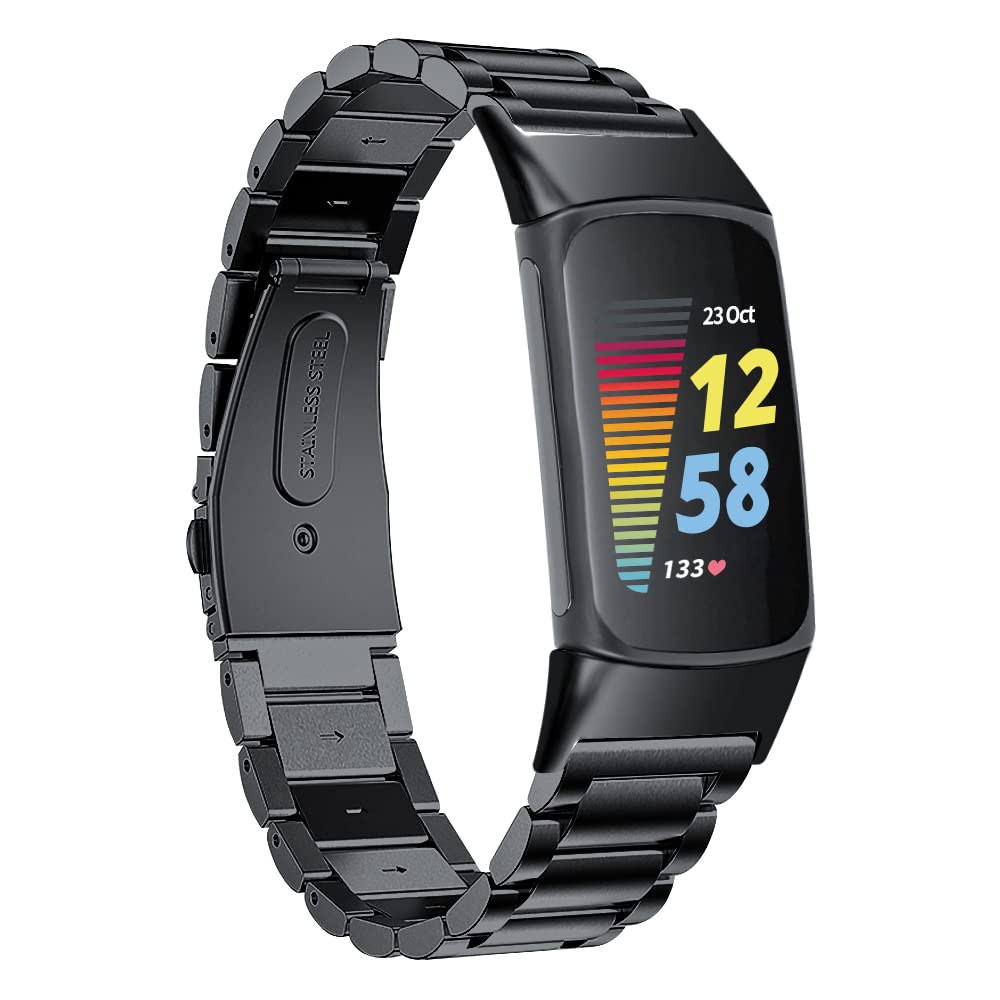 Chofit Straps Compatible with Fitbit Charge 6/Charge 5 Strap, Metal Stainless Steel Replacement Bands Business Wristband for Charge 5 Activity Tracker (Black)