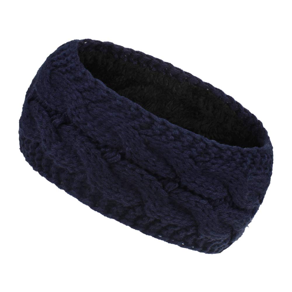Women Ear Warmer Headband Fleece Lined Winter Warm Knitted Thick Hairband Thermal Headbands Elastic Hair Wrap (Navy Blue)