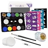 Face Painting Kit For Parties (Paints 50 - 80 Faces) FDA Compliant, Non-Toxic Paint - Vibrant Colors, Done-For-You Stencils, Shimmering Glitter Gels, Versatile Brushes, Sponges, 1 Foam Applicator