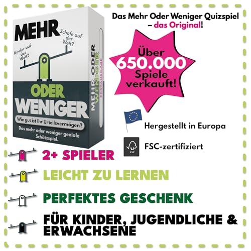 More or Less | Mehr Oder Weniger Kartenspiel | Wie gut ist Ihr Urteilsvermögen? Spiel für Erwachsene, Famile & Kinder | 2+ Spieler | Familienspiel | Reisespiel | 2