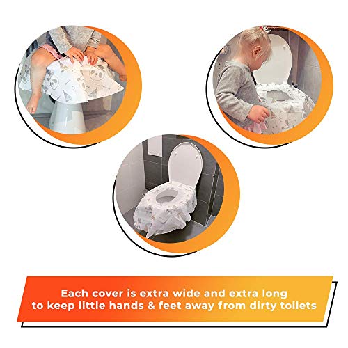 Disposable Toilet Seat Cover for Potty Training Toddler Kids and Adults. 20 Individually Wrapped Waterproof Portable Shields of Travel Toilet Seat Covers. XL Size Panda Design Liners with Sticky Pads