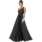 Aootumi One Shoulder Bridesmaid Dresses for Wedding Chiffon A Line Pleated Long Formal Prom Dress with Pockets
