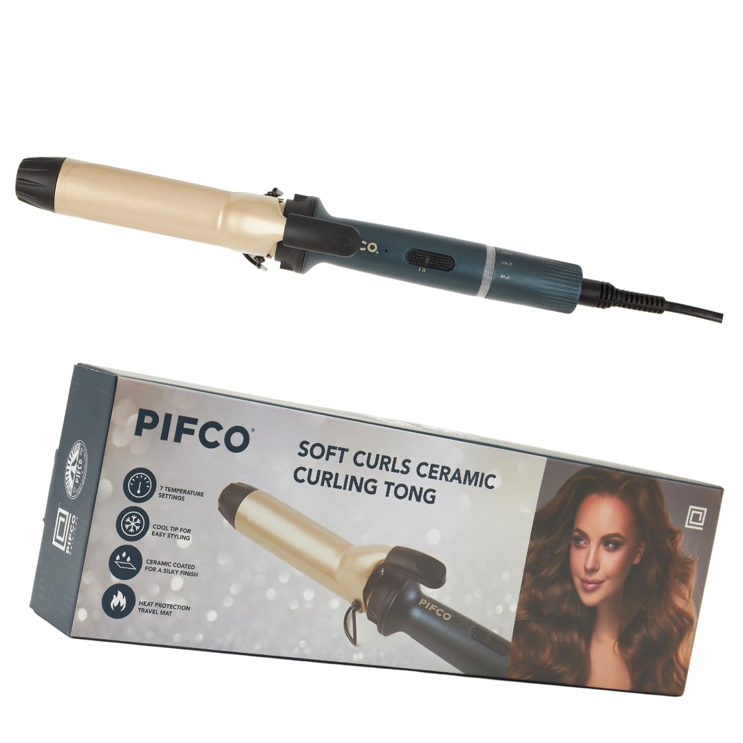 PIFCO® Soft Curling Tong - 32mm Ceramic Coated Barrel Curling Tongs with 7 Temperature Settings 90C - 180C - Cool Tip for Easy Styling & Professional Results