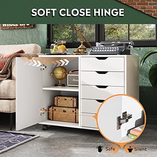 DEVAISE 5Drawer Wood Dresser Chest with Door, Mobile Storage