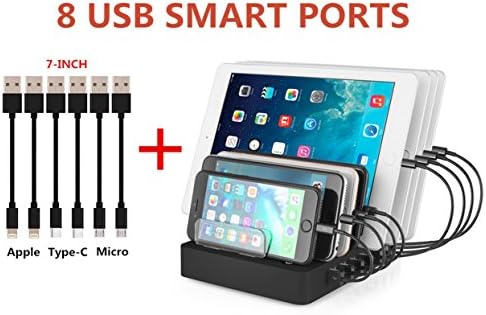 Multi-Port Charging Station Dock 8-Port USB Stand Dock Desktop Organizer Hub for iPhone, iPad, Tablets, Samsung Galaxy, Nexus, HTC and Other Smartphone (6 Black Charging Cables Included)