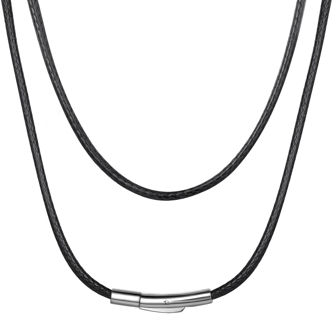 ChainsHouse Leather Cord Necklace Black 2mm Wide 51cm 20 inch Braided Wax Rope Cord Chain for Pendant Women Ladies Mens Leather Chain