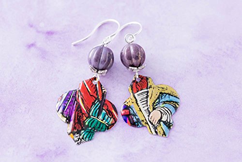 Colorful Moroccan Ogee Vintage Tin Earrings with Purple Czech Glass Beads and Silver Leaf Bead Caps, Bohemian Jewelry