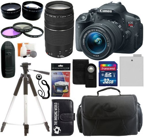 UPC 700371353308, Canon EOS Rebel T5i 18.0 MP Digital Camera SLR Kit With Canon EF-S 18-55mm IS II STM Lens + Canon EF 75-300mm f/4.0-5.6 III Autofocus Lens + 32GB Card and Reader + Wide angle and Telephoto Lenses + Tripod + Battery + Filters + Accessory Kit