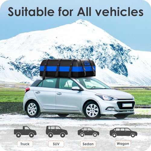 BOYUJK Car Roof Bag - 20 Cubic/566L, Waterproof, No Rack Needed, Anti-Slip Mat & 6 Heavy-Duty Straps, Folding Soft Roof Box (Blue, 566L)