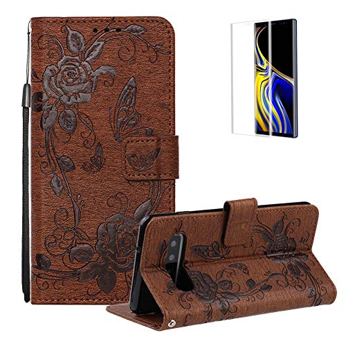 Funyye Wrist Strap Leather Cover for Samsung Galaxy S10,Brown Magnetic Flip Butterfly Embossing Flower Pattern Folio Wallet Case with Stand Credit Card Holder Slots Case for Samsung Galaxy S10