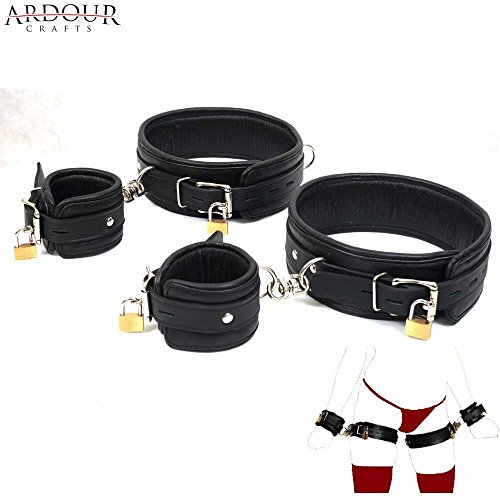 Real Cow Hide Leather Padded Thigh Cuffs & Wrist Cuffs Set