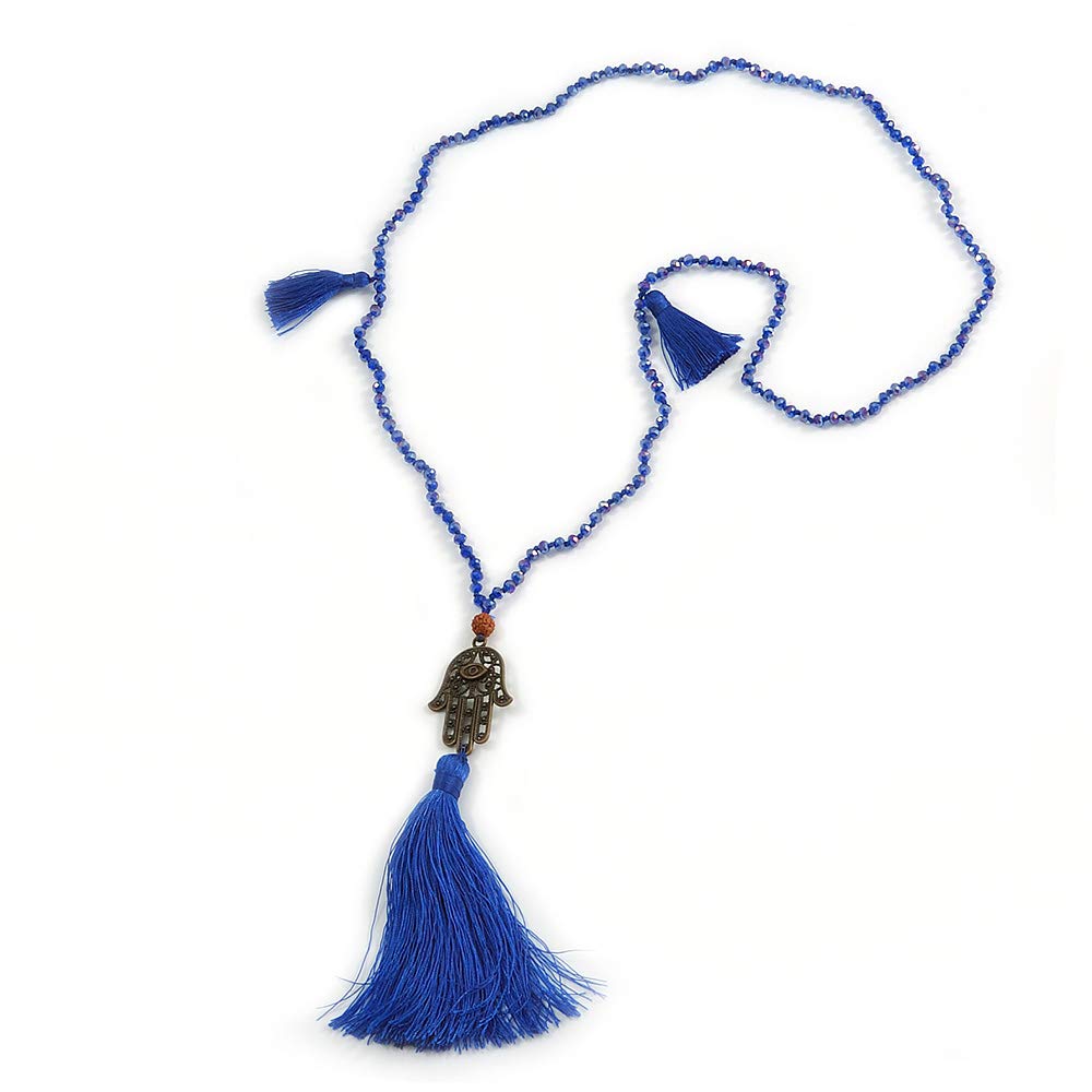 Avalaya Crystal Bead Necklace with Bronze Tone Hamsa Hand Charm/Silk Tassel Pendant in Blue/ 80cm L/ 14cm Tassel