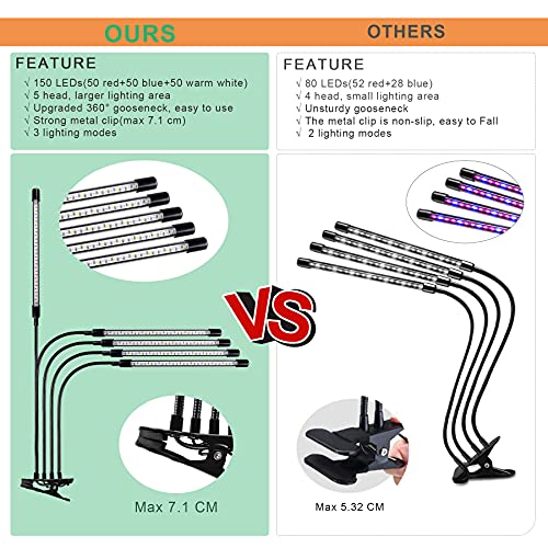 Aogled Lampe LED Horticole 50W,5 Têtes Lampe Pour Plante avec Clip 150LEDs avec 360° Adjustable,3/9/12H Cycle Minuterie,3 Modes&10 Luminosité,Grow Light Pour la Croissance des Plantes